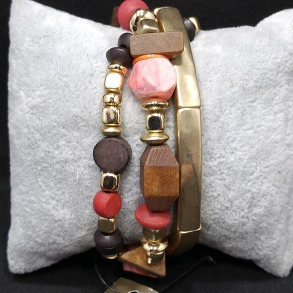 Chico's Gemstone Wood Three Bracelet Set, Stretch New With Tags - Picture 6 of 8